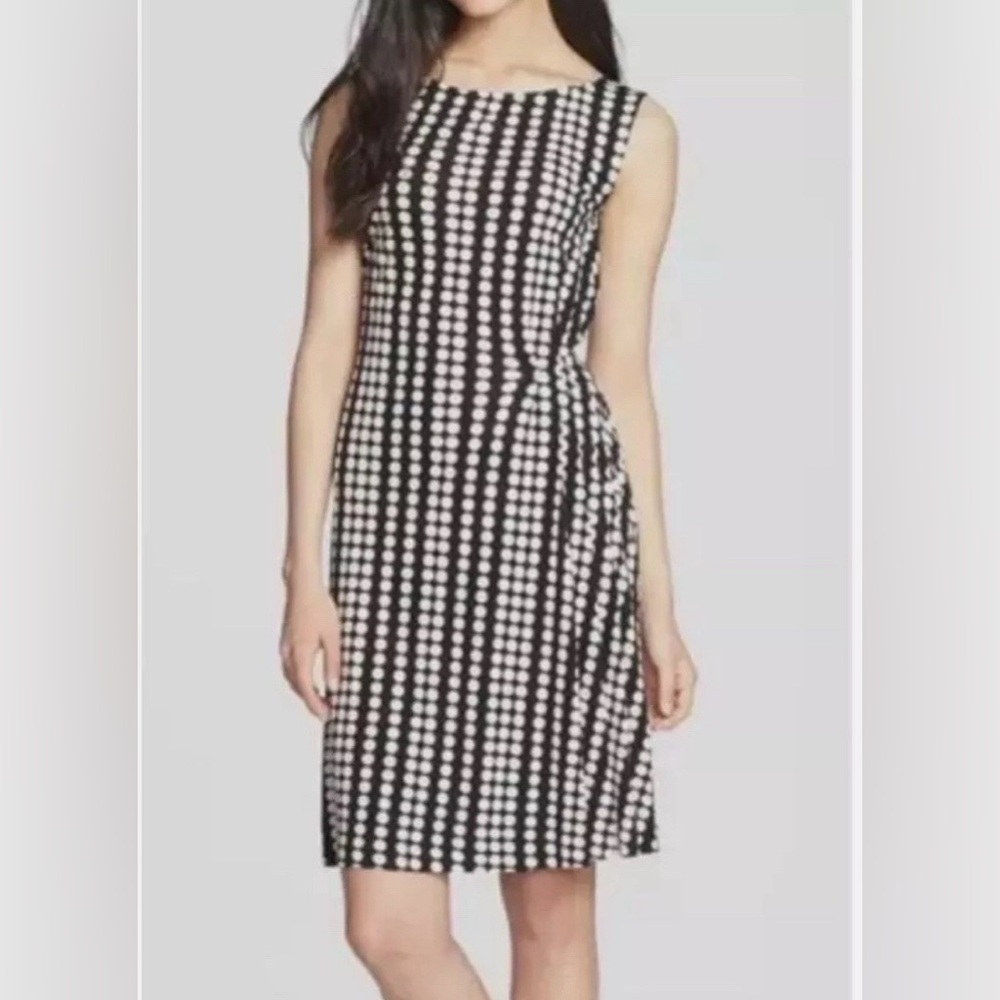 Tory Burch Black and White Dot Midi Sleeveless Dress With Pleated Details Small